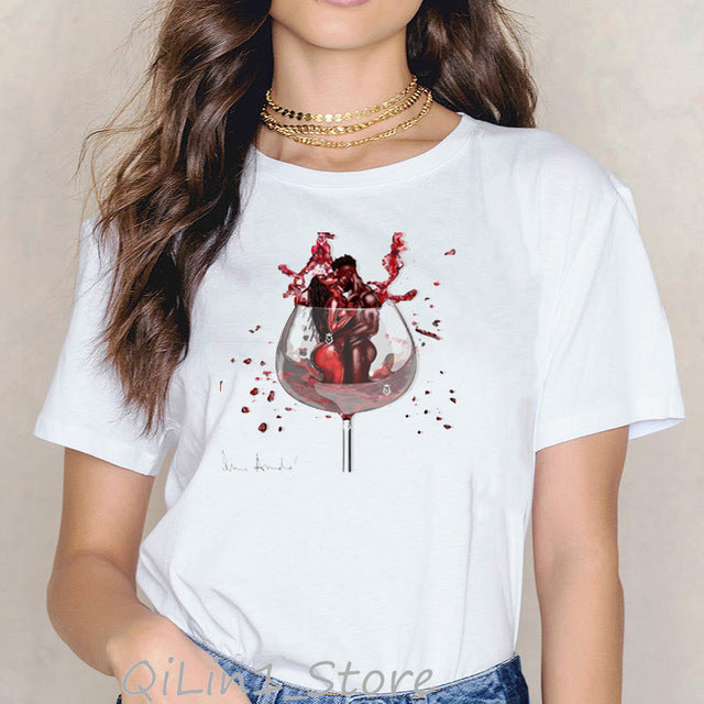vogue red love t shirt women clothes 2020 Drink red wine print female t-shirt Romantic time tshirt femme harajuku shirt tops